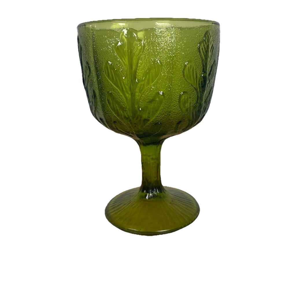 Vintage FTD 1975 Green Glass‎ Goblet Oak Leaf Design